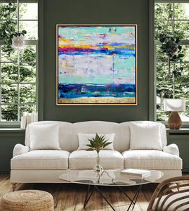 'Sunset on the green' (102cm x 102cm x 4cm, framed in oak)